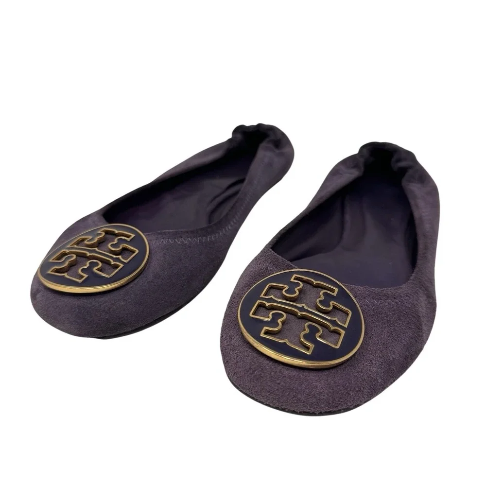 Tory Burch Ballet Flats Women 7 Purple Suede Reva Logo Medallion Slip On Shoes